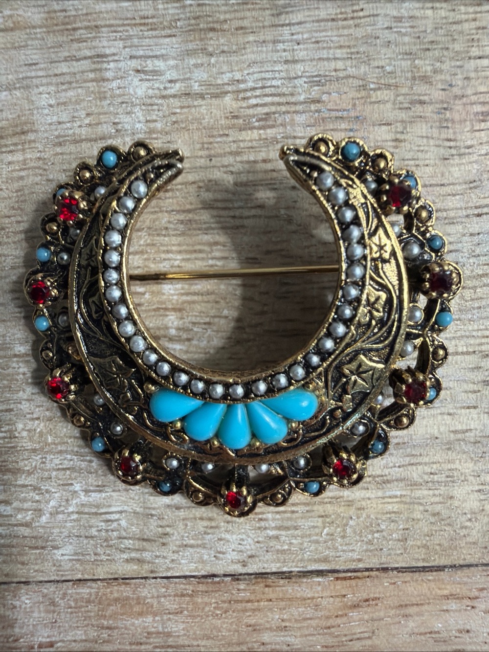 Vintage Coro Pegasus Faux Turquoise & Pearl Red Rhinestone Crescent Moon Brooch